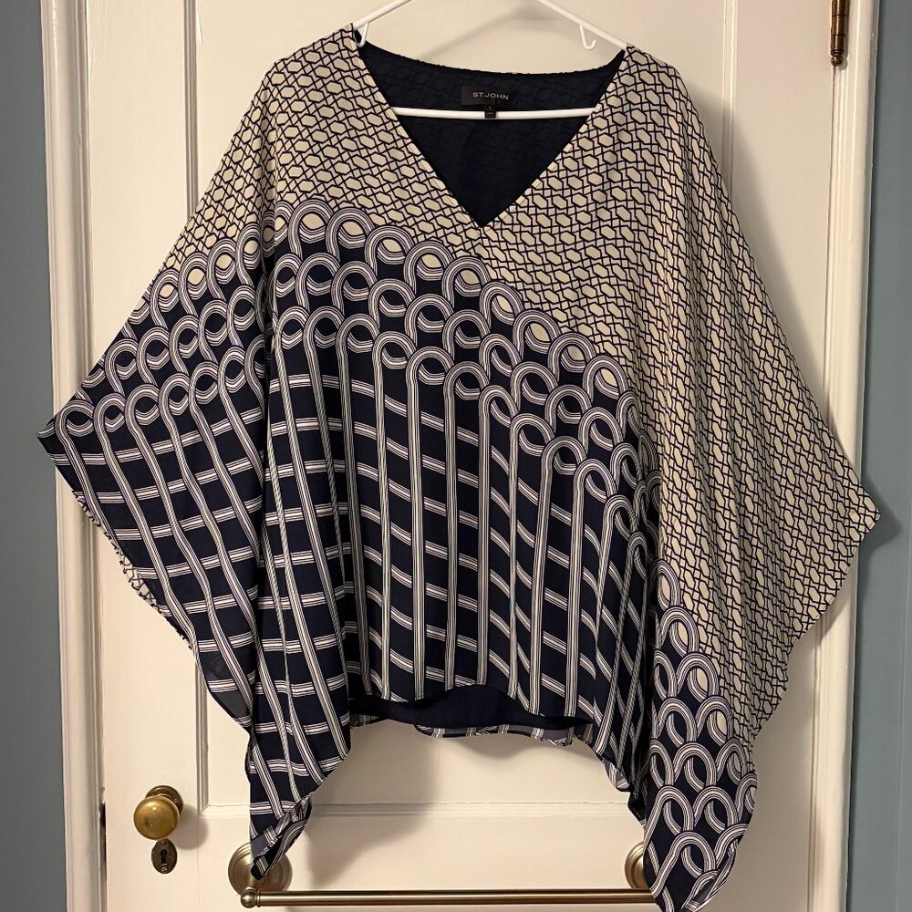 St. John 100% silk caftan tunic blouse size large geo chain swirl bateau neck
